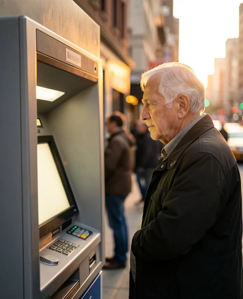 ATM ekranına odaklanmış yaşlı bir kullanıcı