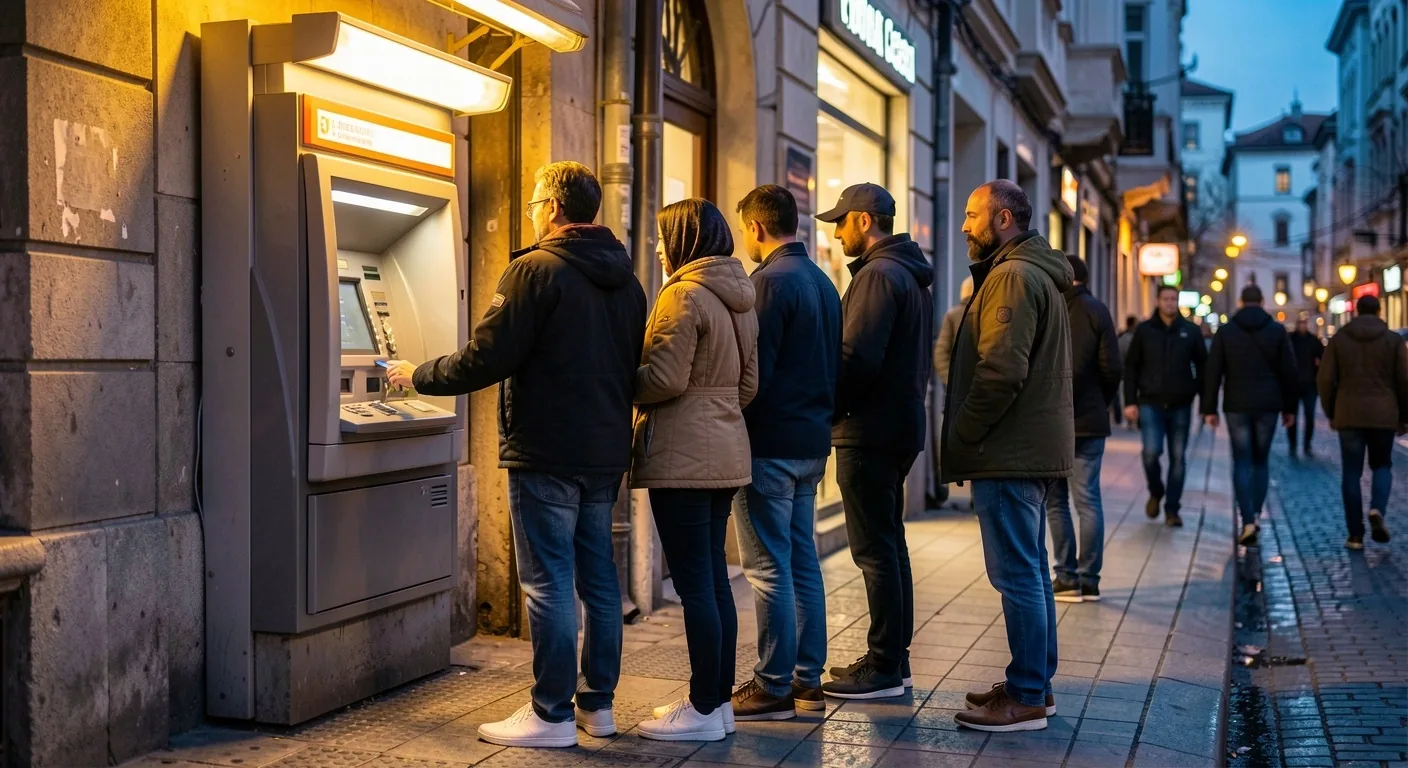 Sokaktaki bir ATM önünde küçük bir kuyruk bekleyen insanlar