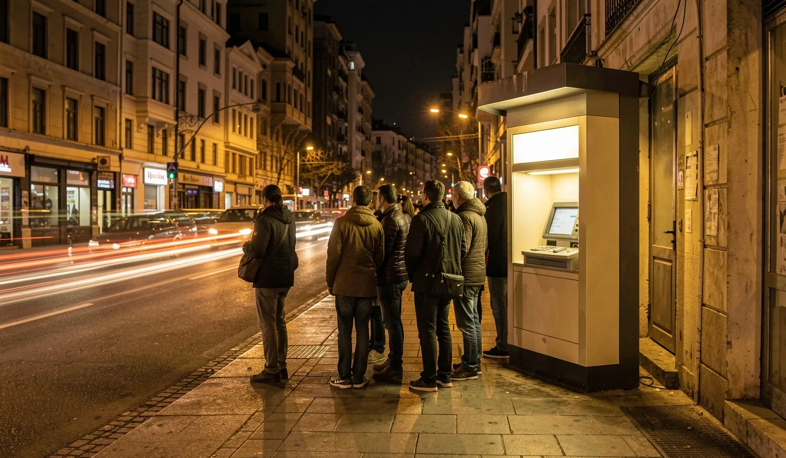 İstanbul sokak ATM kuyruğu gece çekimi