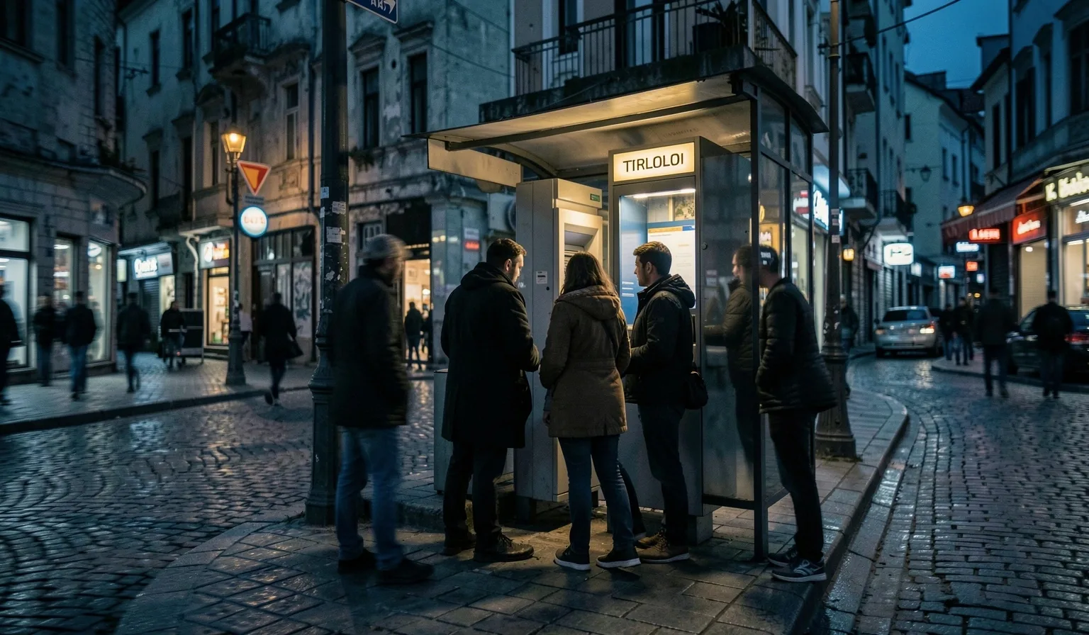 İstanbul'da bir ATM önünde küçük bir kuyruk bekleyen insanlar, gece çekimi