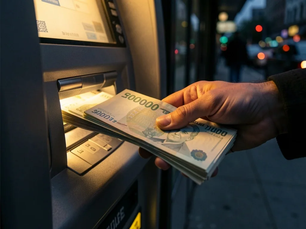 ATM'den banknot alan bir elin yakın çekimi