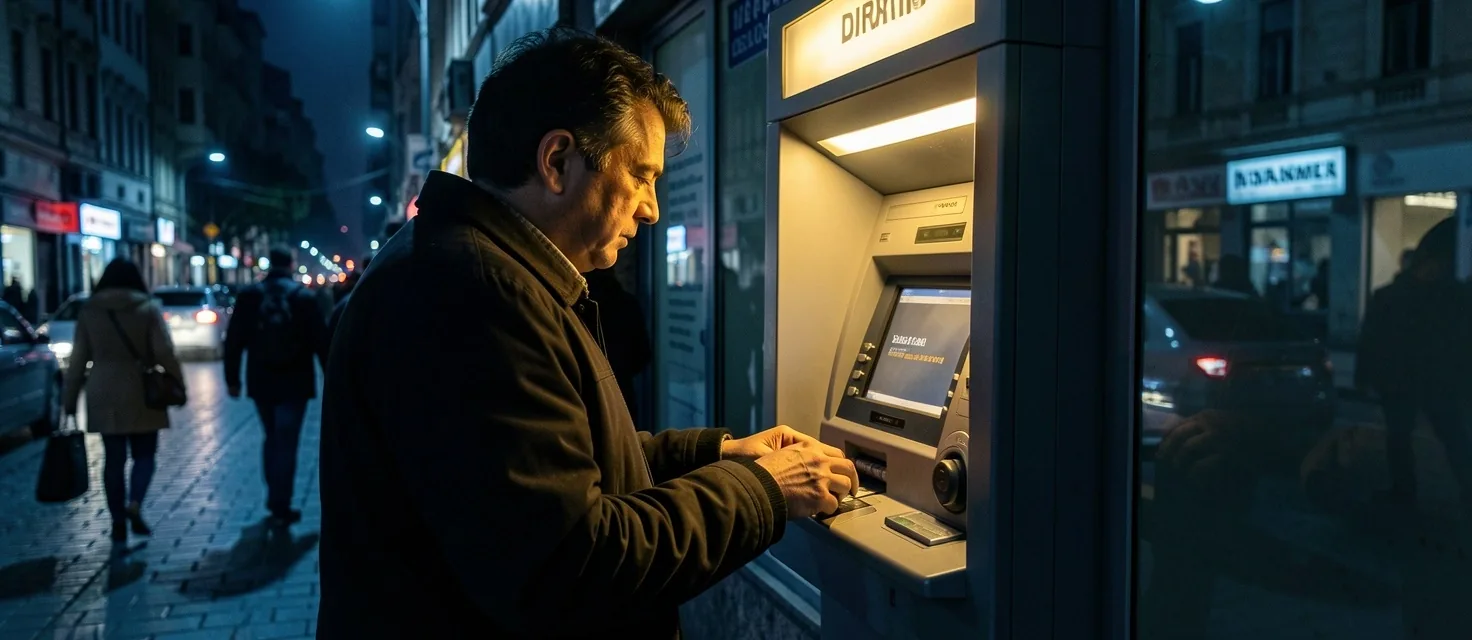 Gece İstanbul'da bir ATM'den nakit çeken kişi