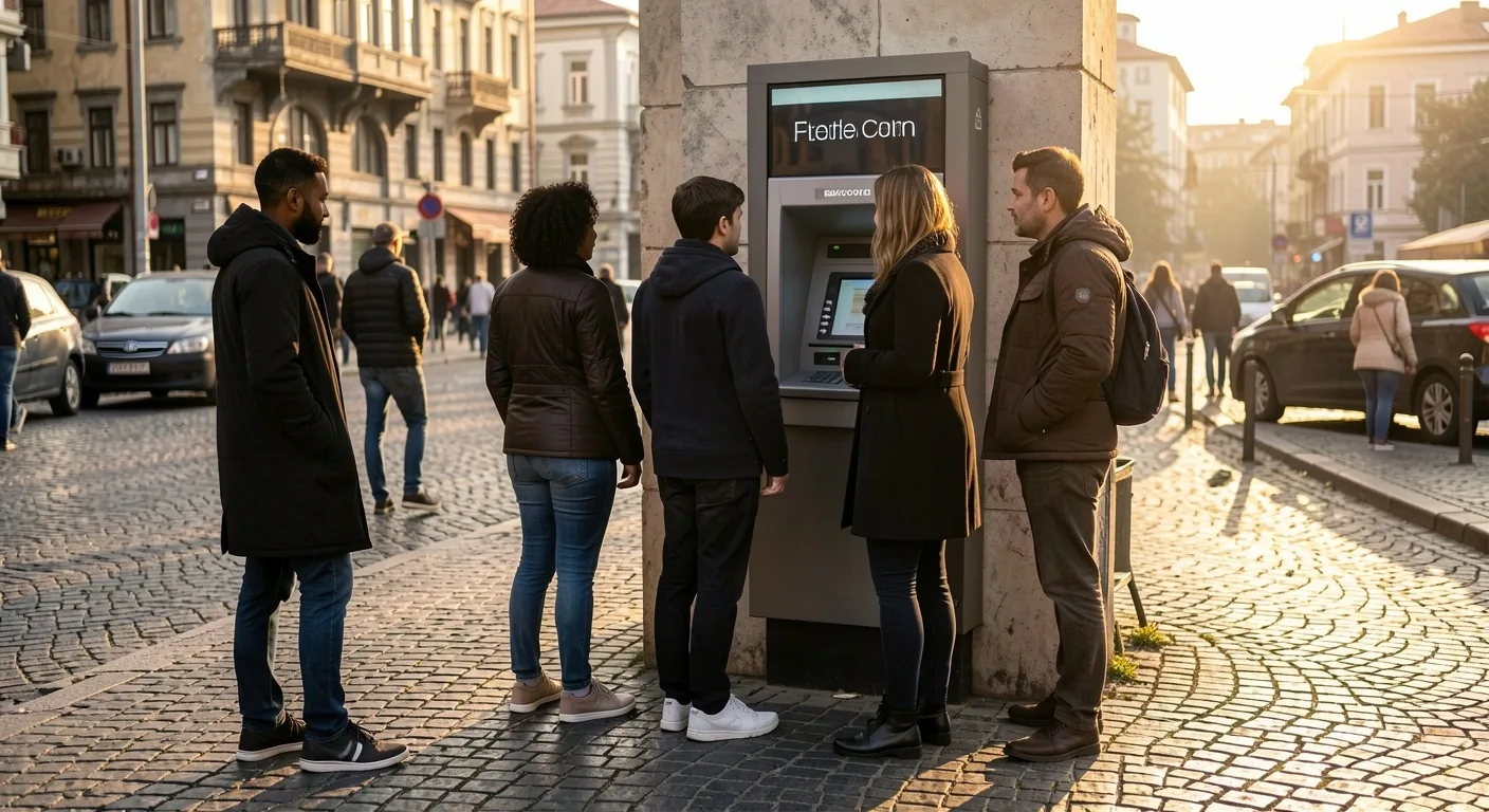 İstanbul sokaklarında ATM önünde kısa bir kuyruk bekleyen insanlar