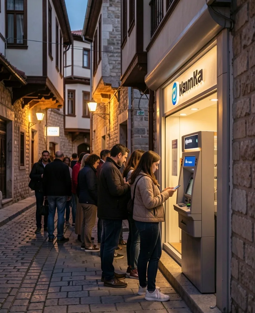 Akşam saatinde bir ATM önünde kısa kuyruk