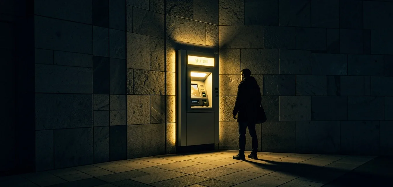 Gece ışığında bir ATM ekranı ve yanında bekleyen biri
