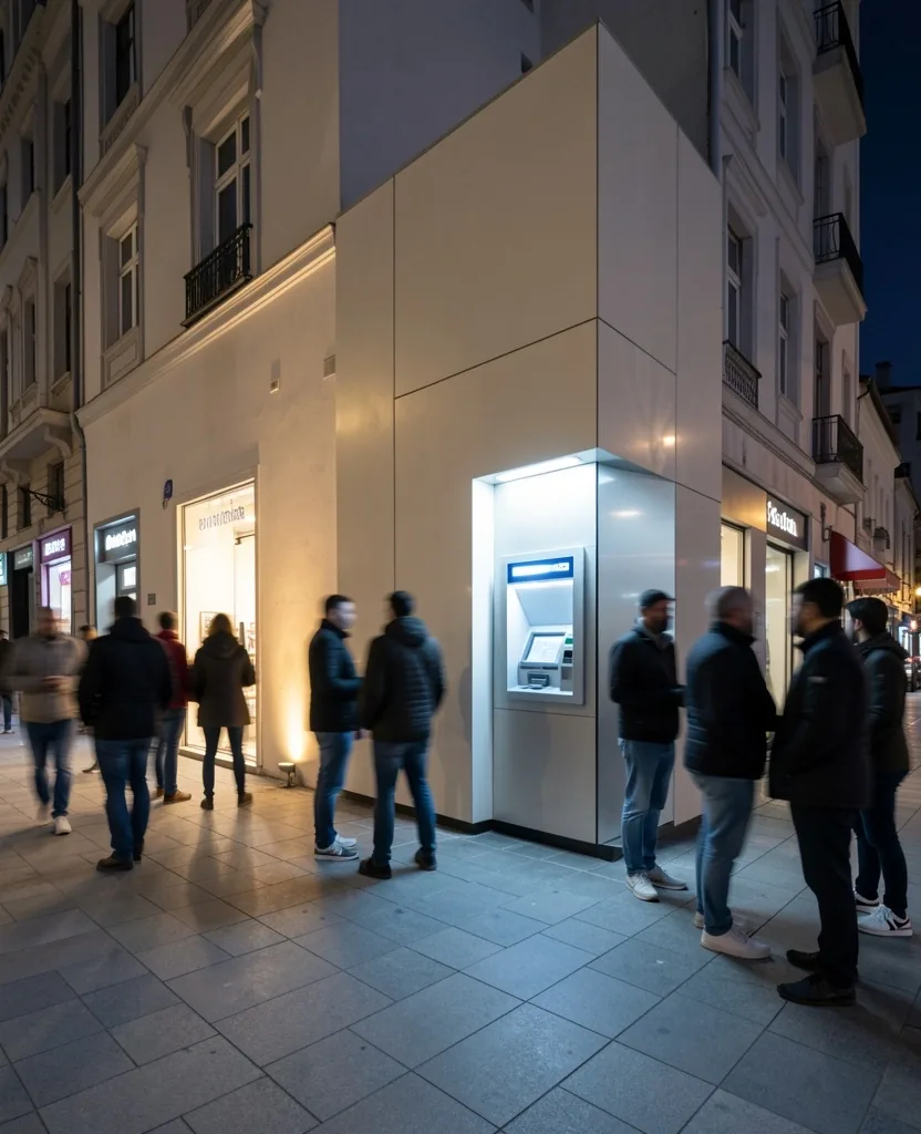 Modern bir ATM noktası önünde kısa bir kuyruk